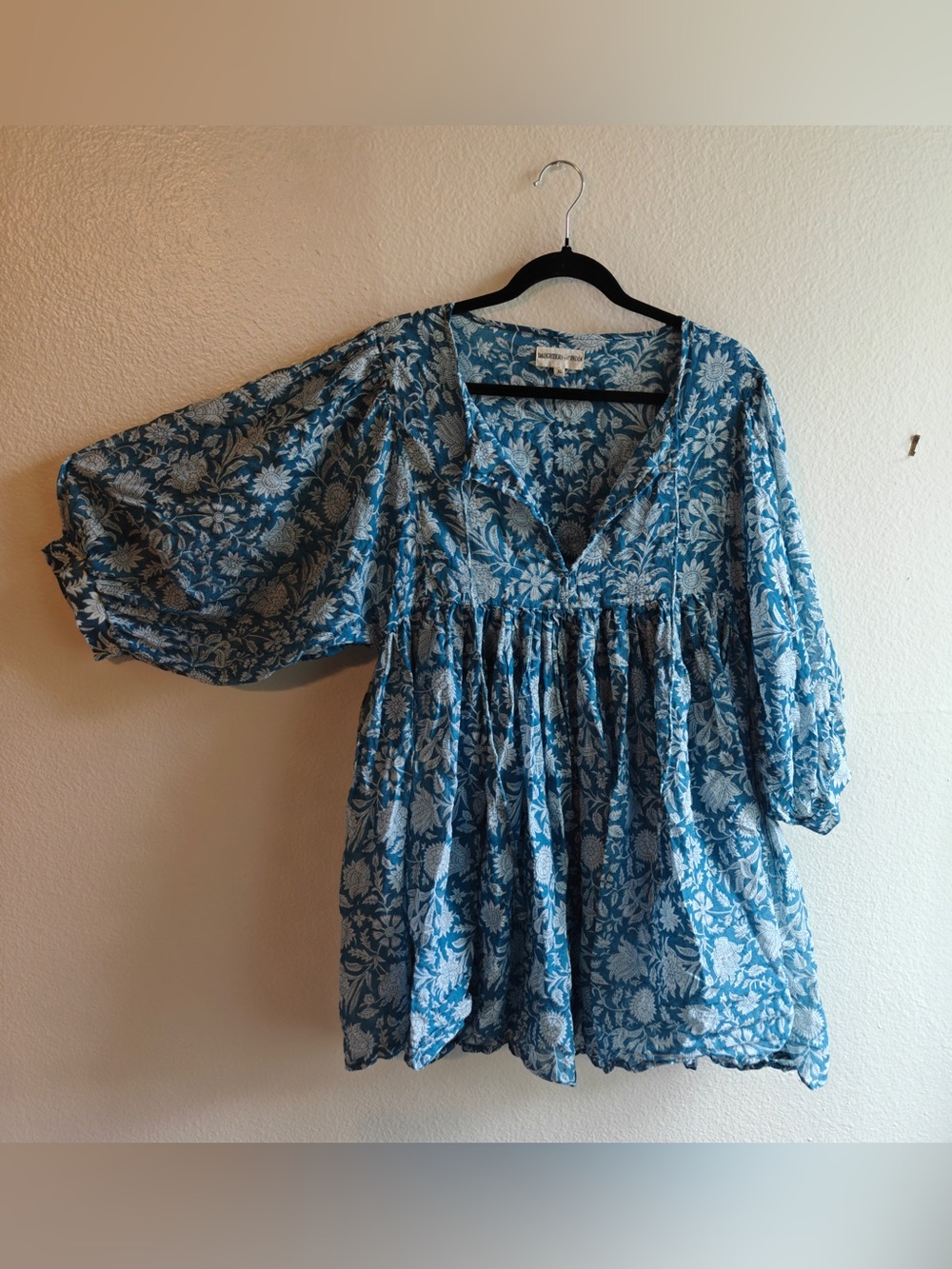 Daughters of India Ria Mini Dress Sky Blue Floral Cotton XL